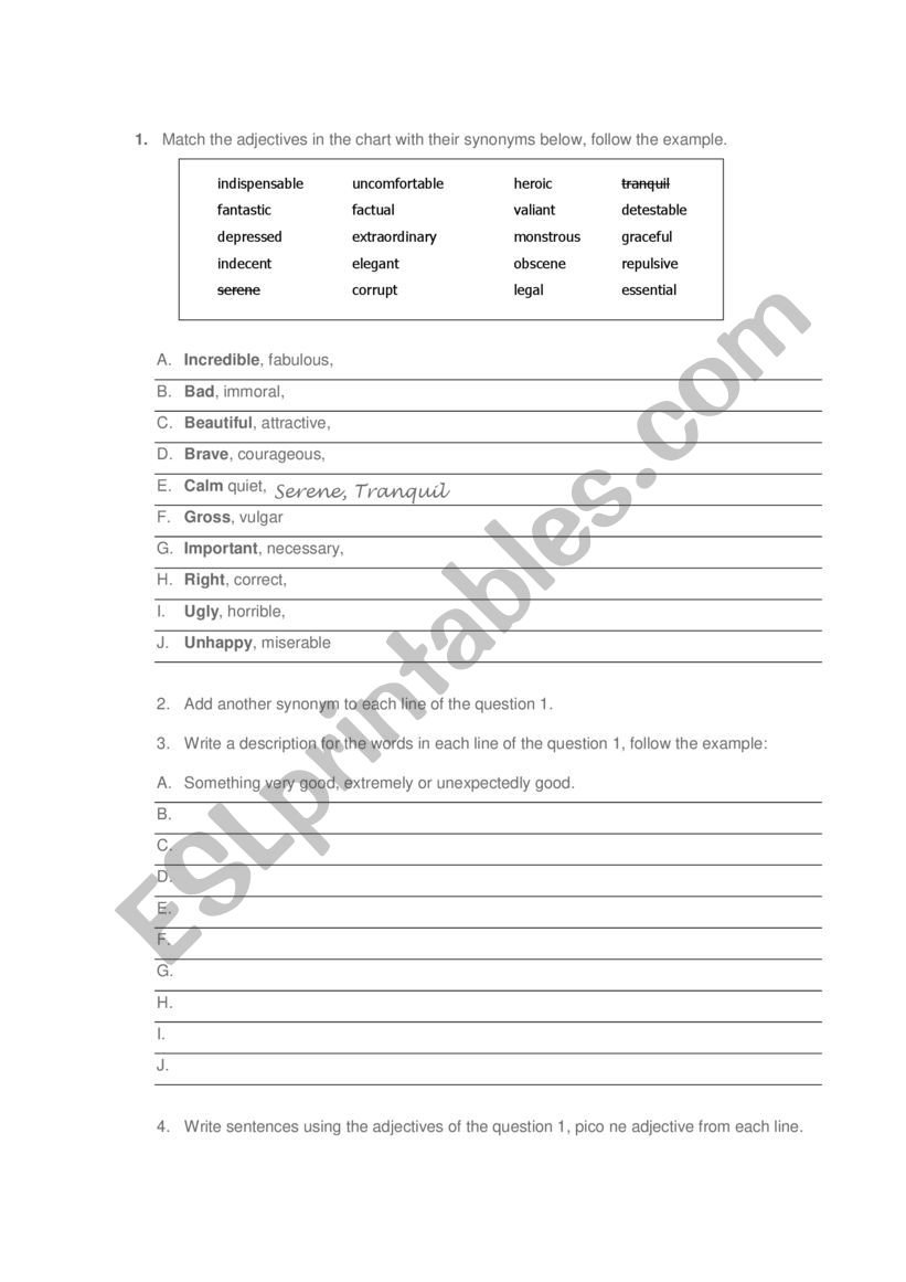 Adjectives synonym worksheet