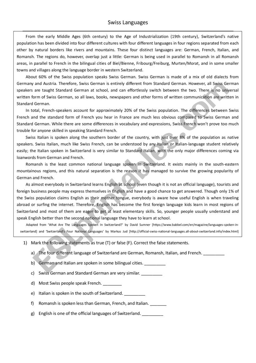 Swiss Languages worksheet