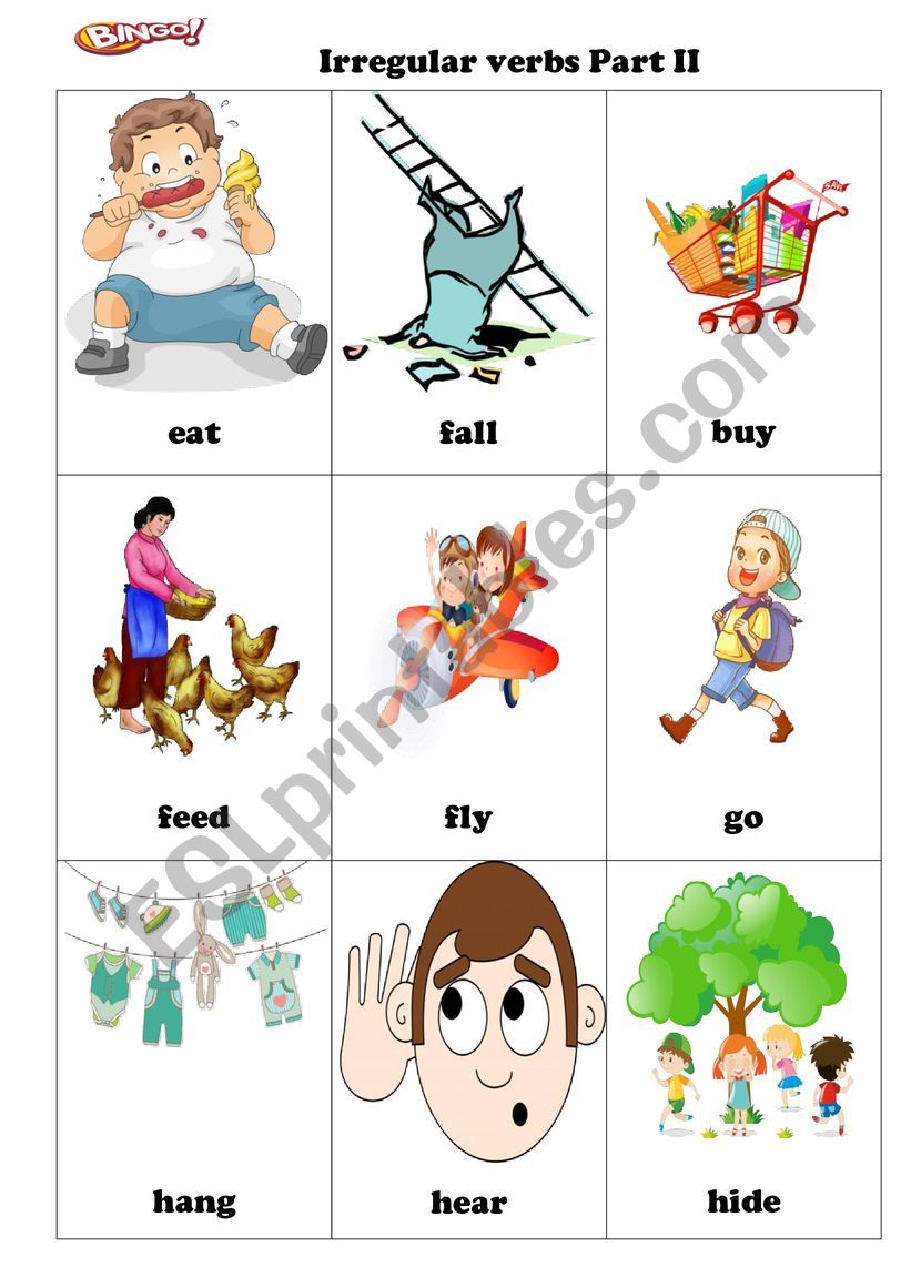 Bingo Game. Pictures with Irregular verbs and bingo cards Part 2