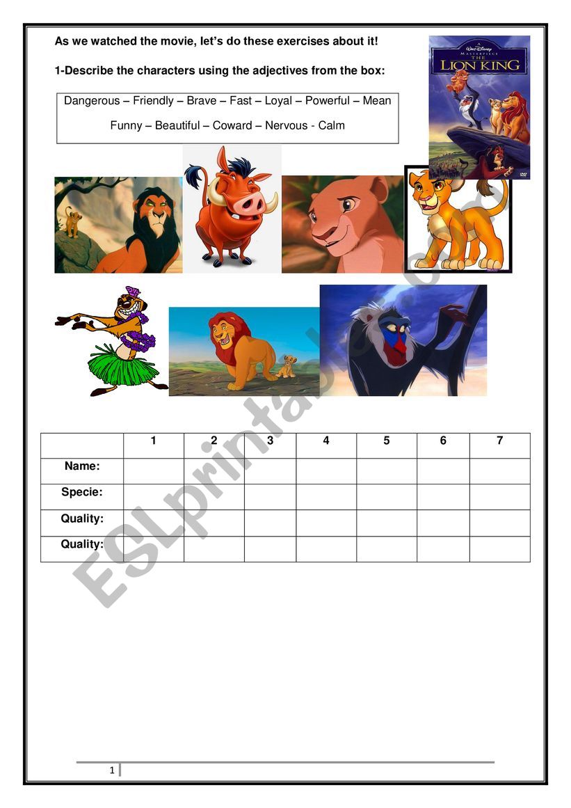 Lion King vocabulary worksheet