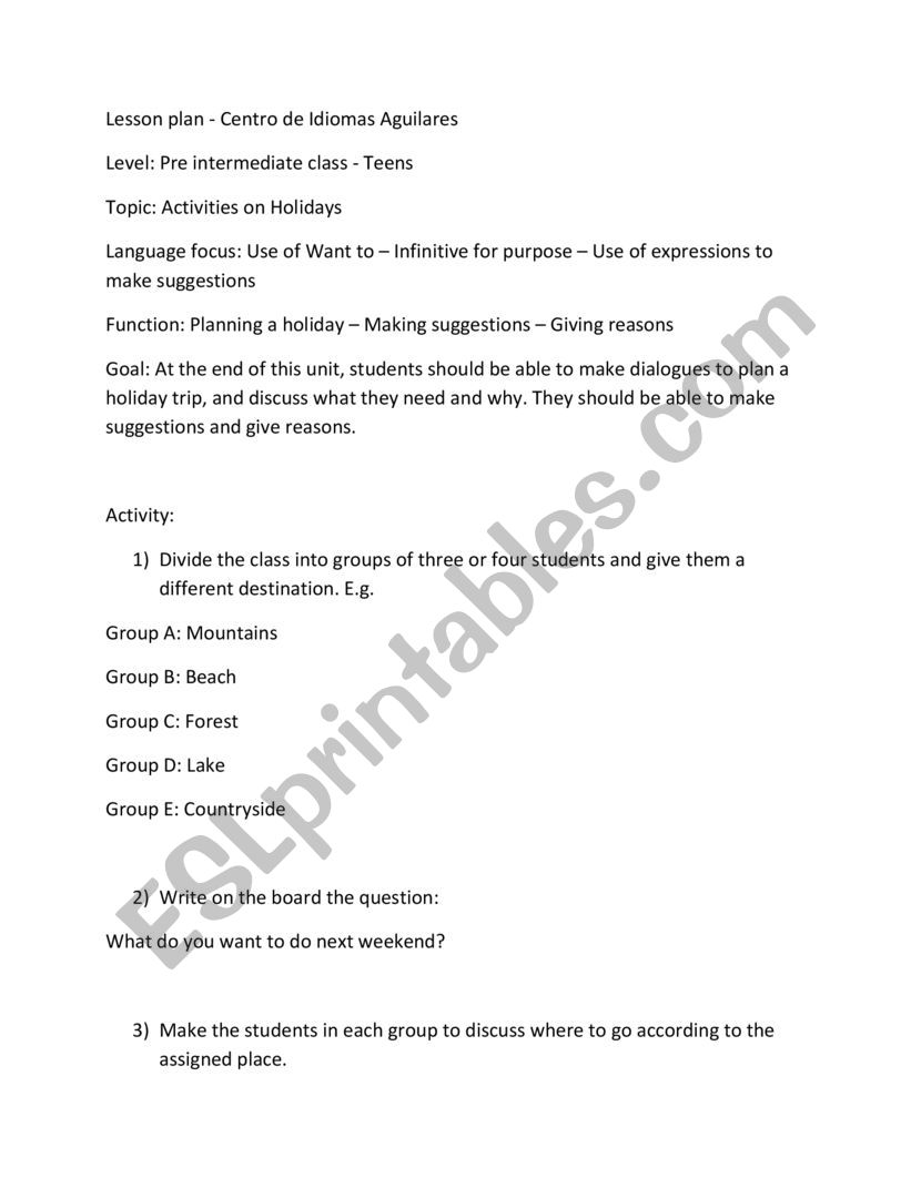 Holidays lesson plan worksheet