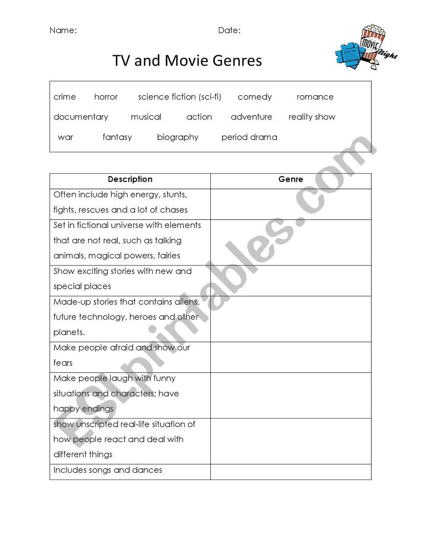 Movie/ TV Genres worksheet