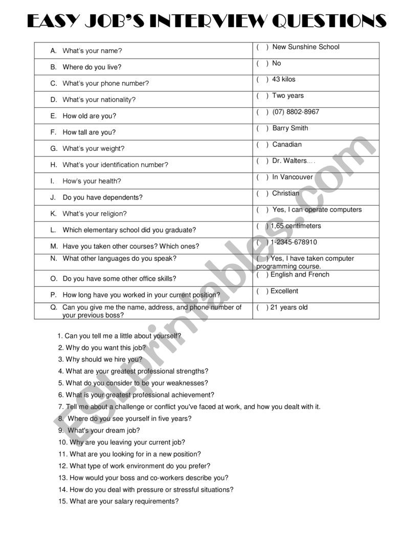 Jobs Interview worksheet