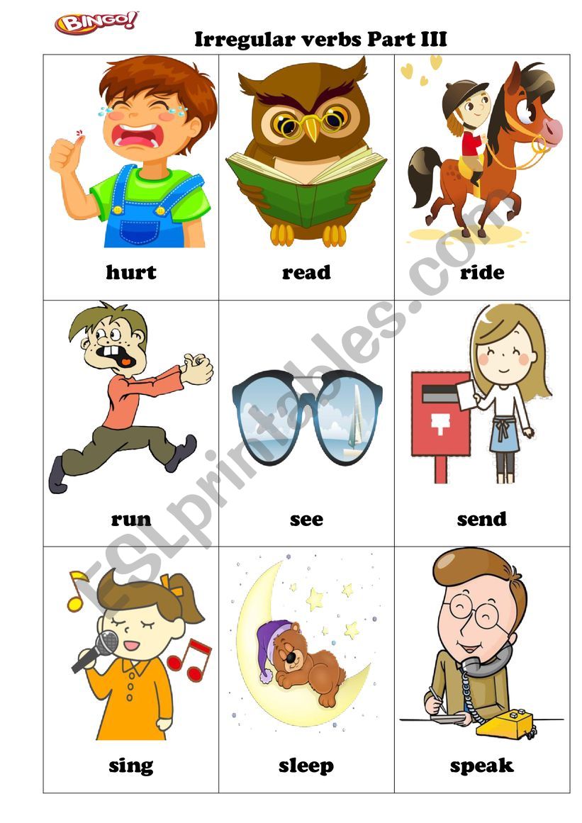 Bingo Game. Pictures with Irregular verbs and bingo cards Part 3