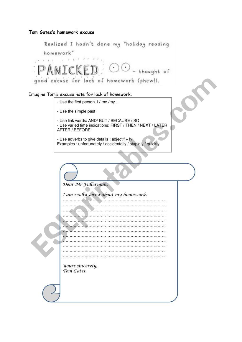 Tom Gatess homework excuse worksheet