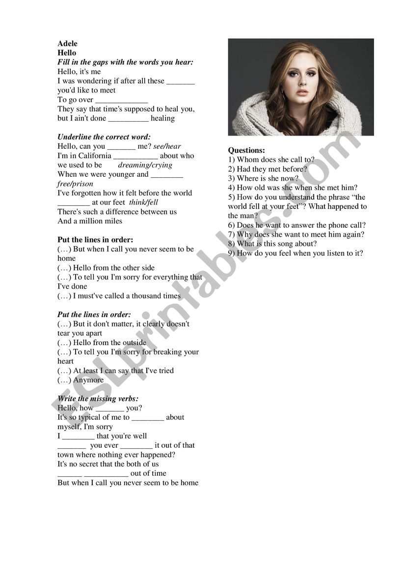 Adele Hello song worksheet