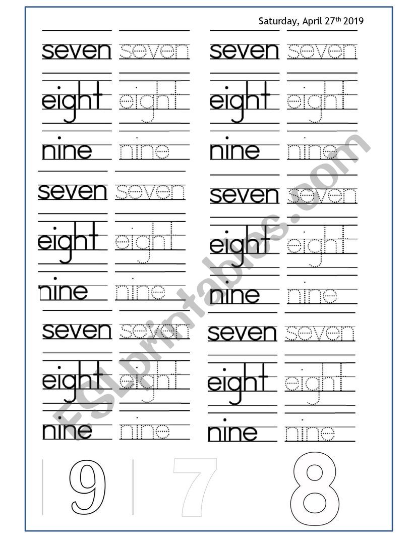 Number 7-9 worksheet