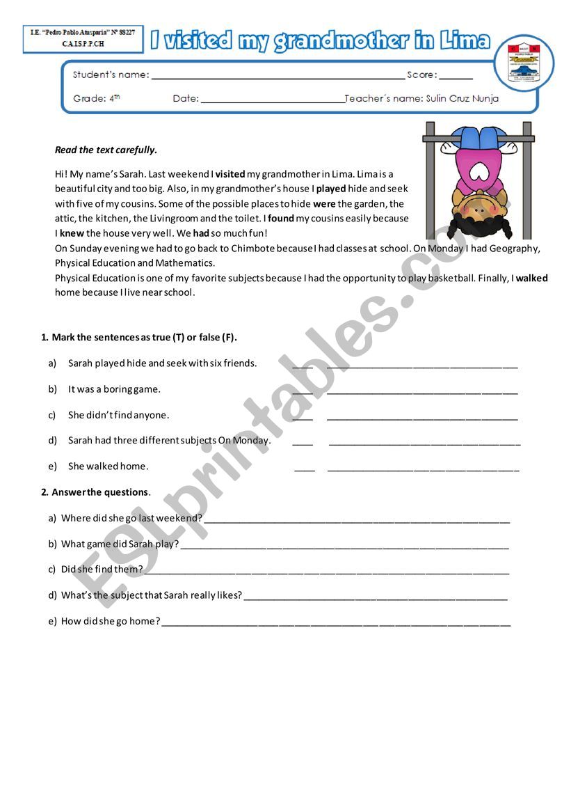 Past simple reading worksheet