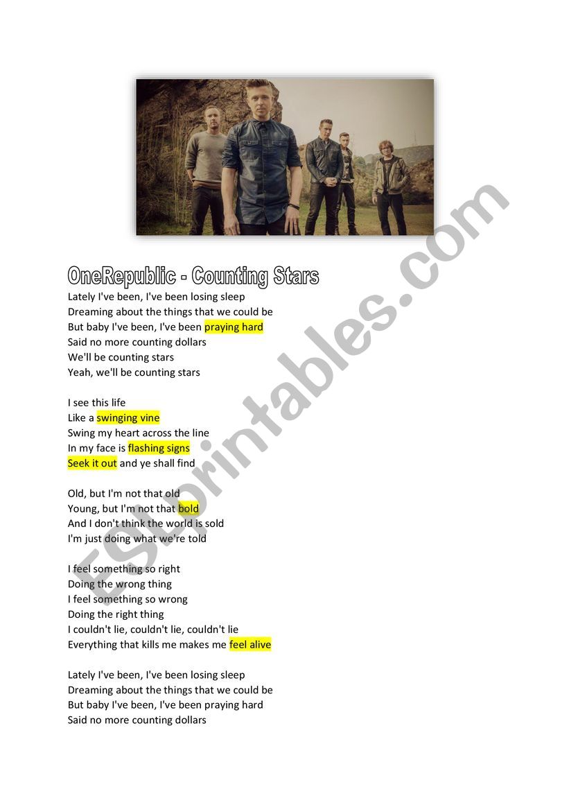 OneRepublic Counting Stars song lyrics Present Perfect Continuous listening task