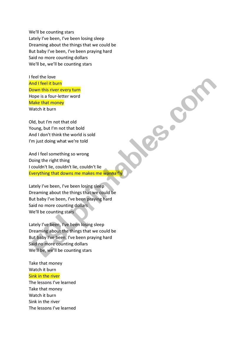 onerepublic counting stars song lyrics present perfect continuous listening task esl worksheet by justy94
