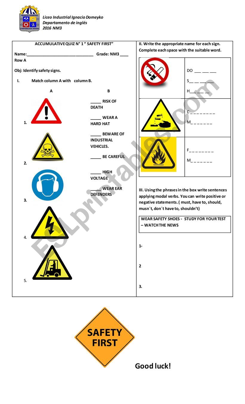 Safety quiz worksheet