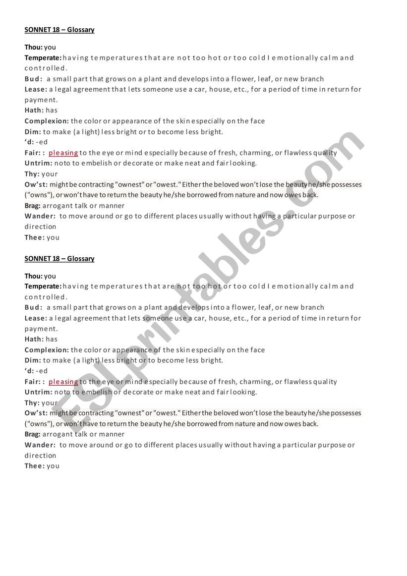 Sonnet 18 Glossary worksheet