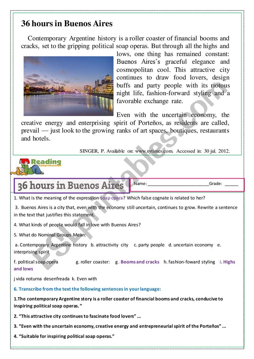 36 hours in Buenos Aires Text worksheet