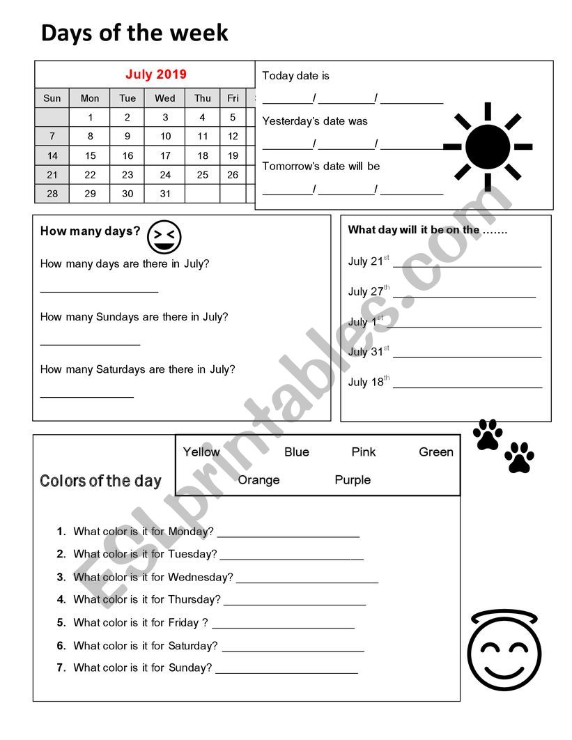 Days of the week  worksheet