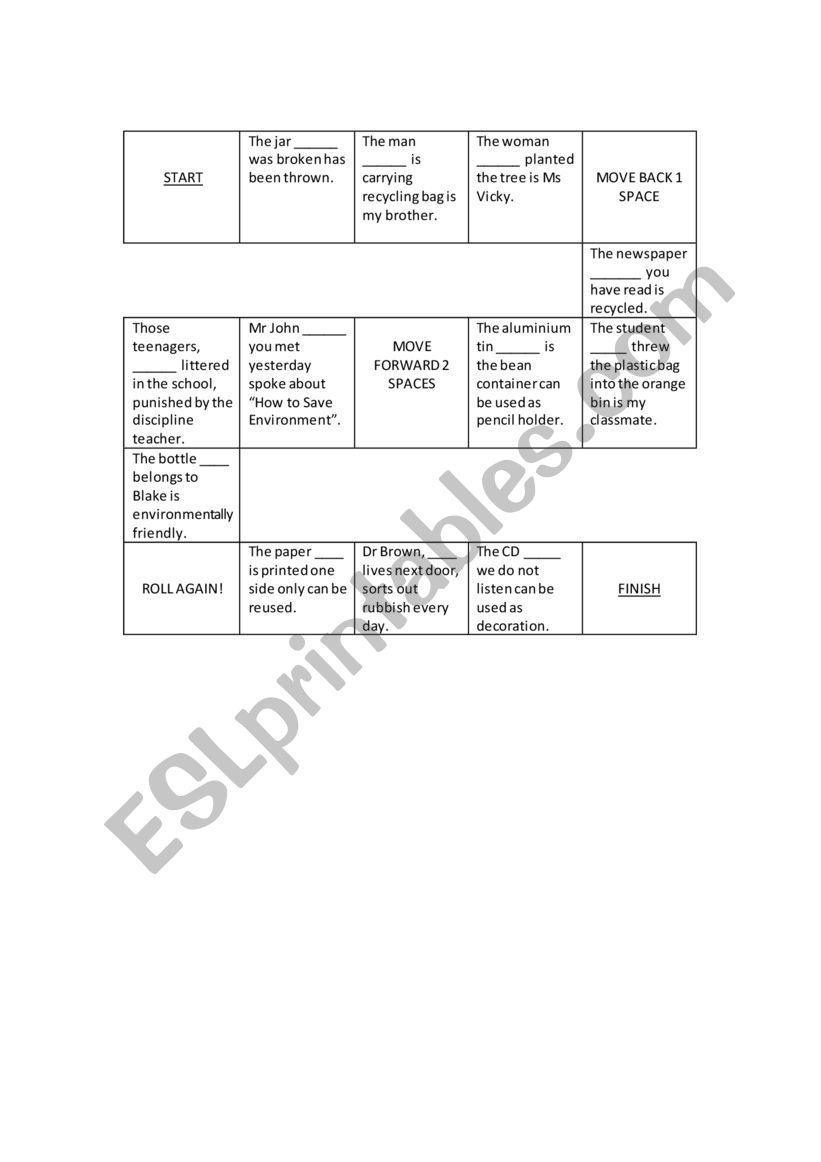 board game worksheet