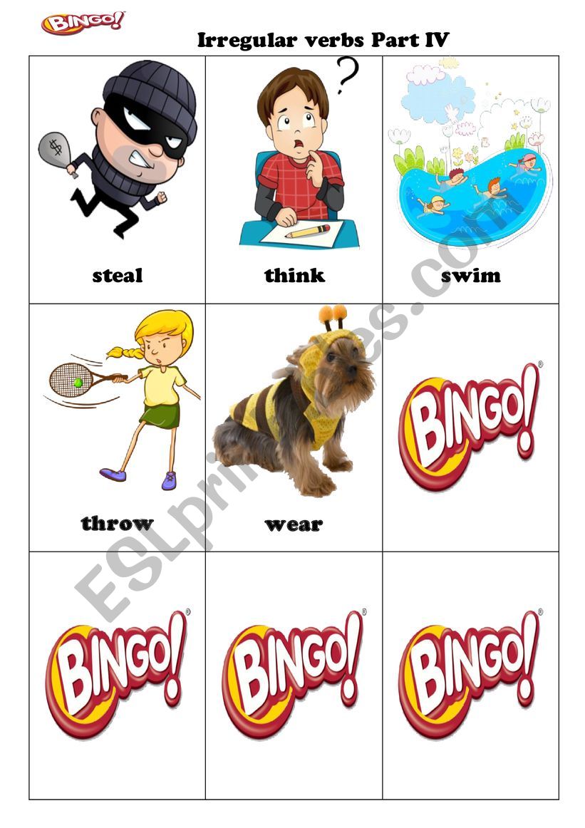 Bingo Game. Pictures with Irregular verbs and bingo cards Part 4