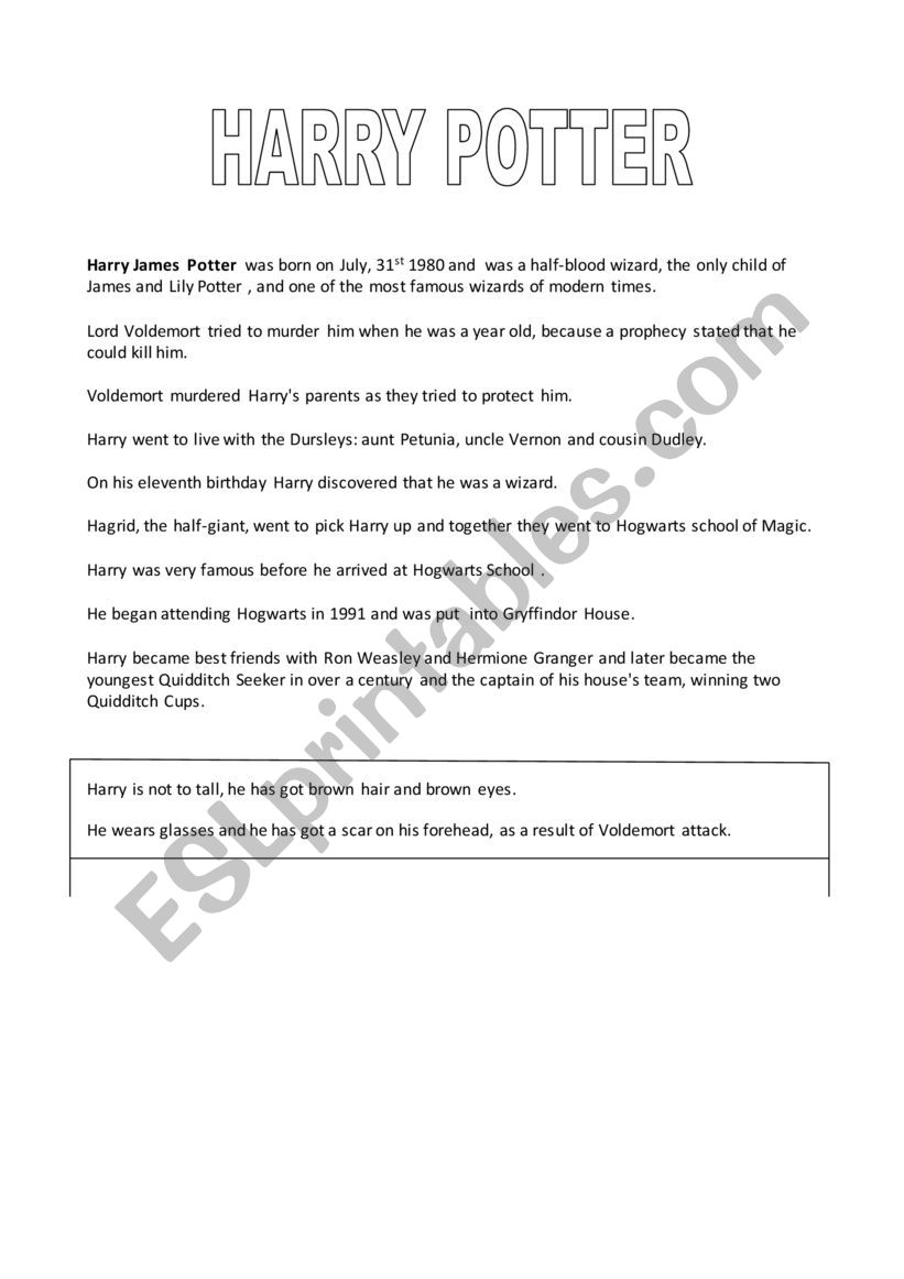 harry potter character worksheet
