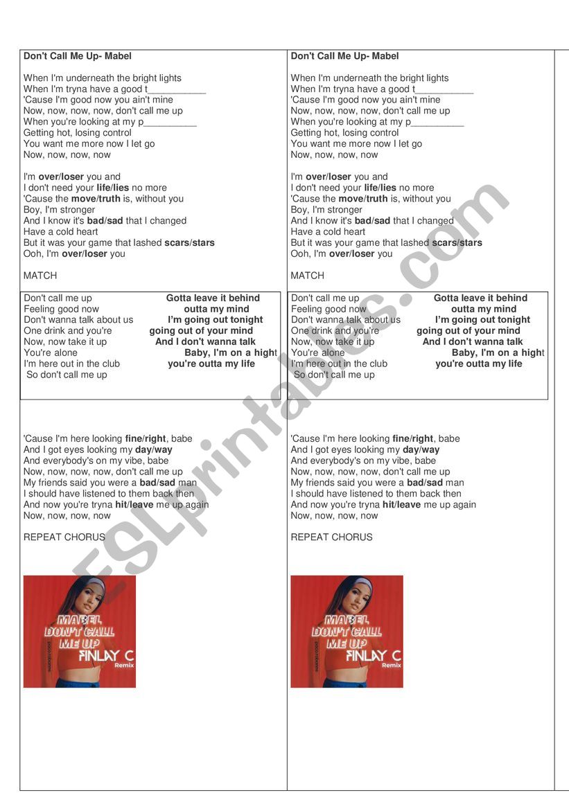 Song Dont Call me up worksheet