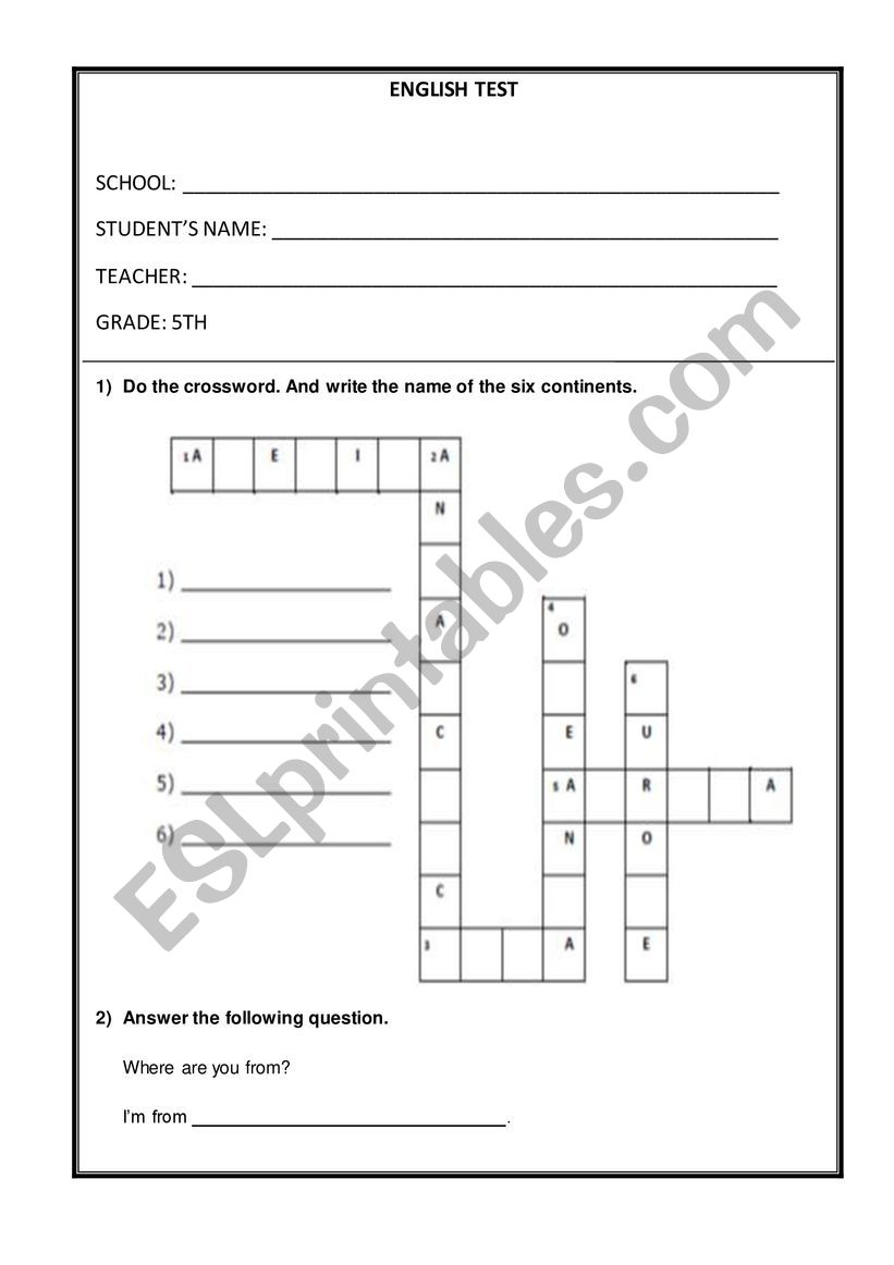 English Test - 5th grade worksheet