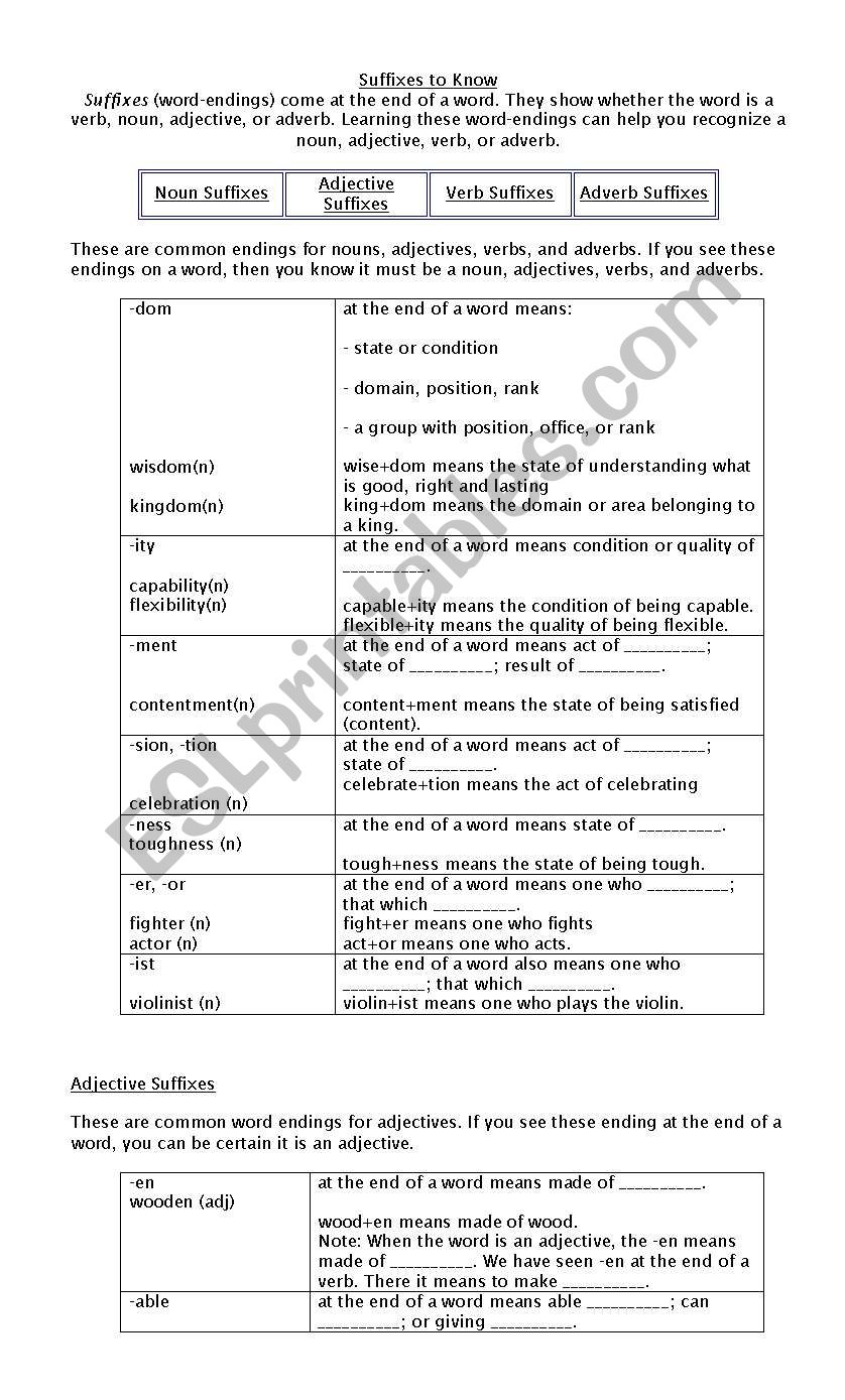 suffixes to know worksheet