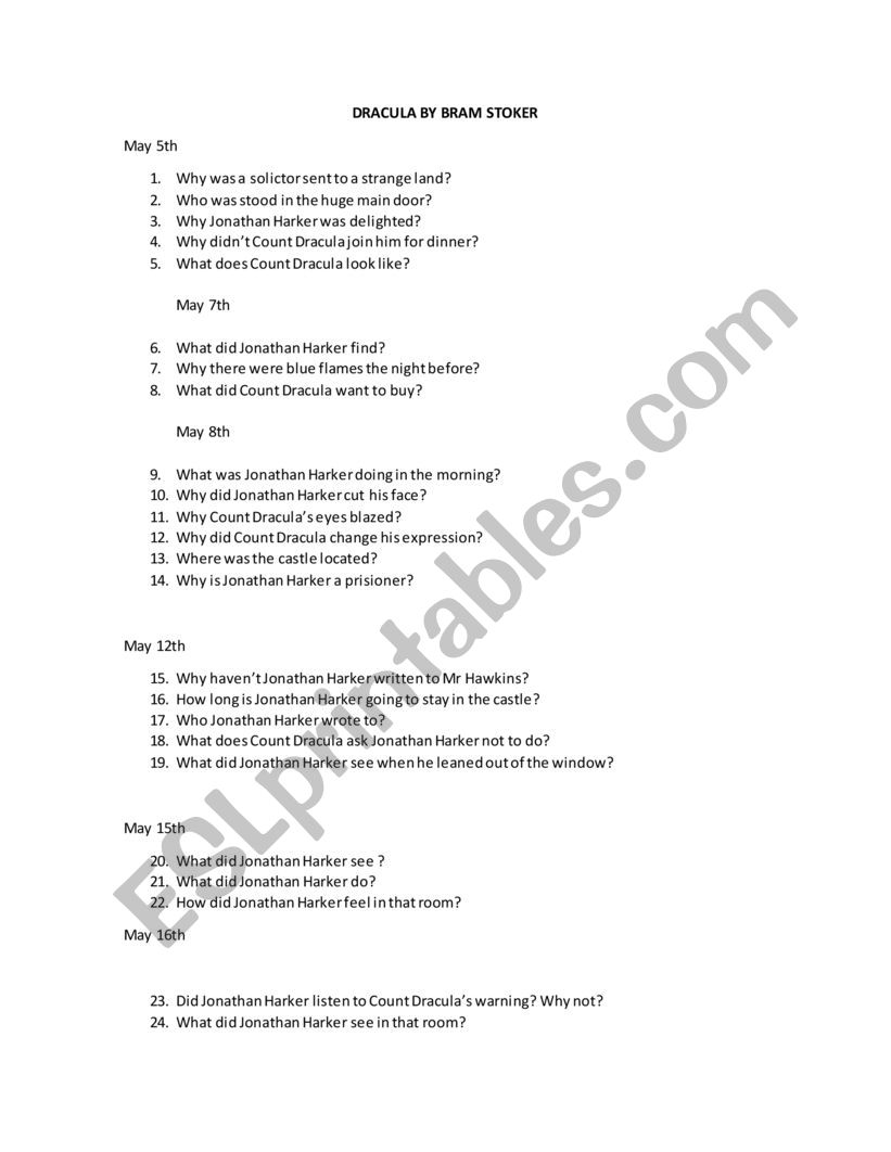 Reading plan Dracula worksheet