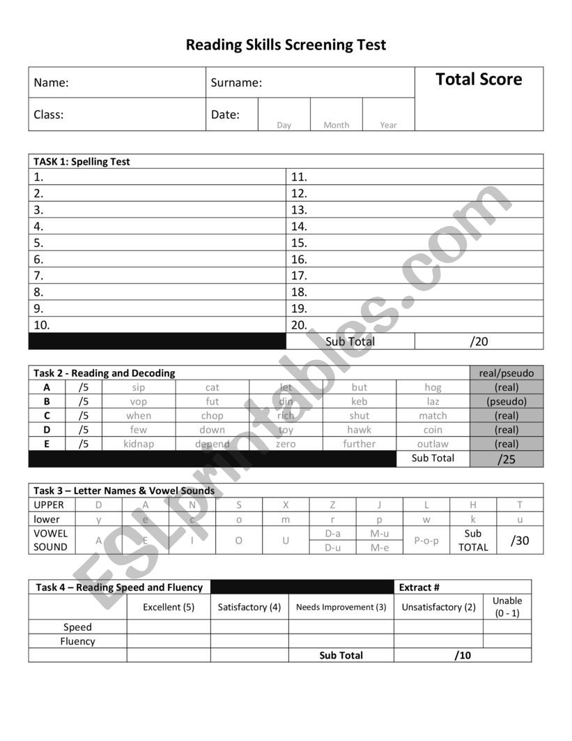 Reading Skills (Screening) Test
