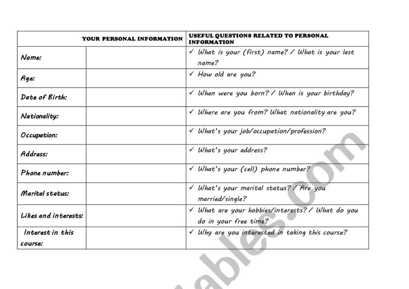 Personal Information Chart and Questions