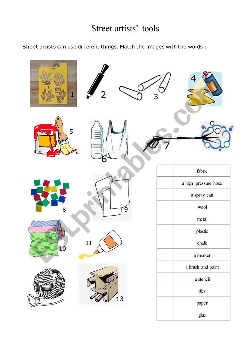 Street artistsÂ´tools worksheet
