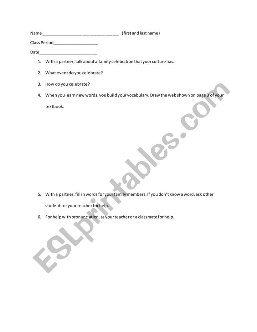 Family Celebration worksheet