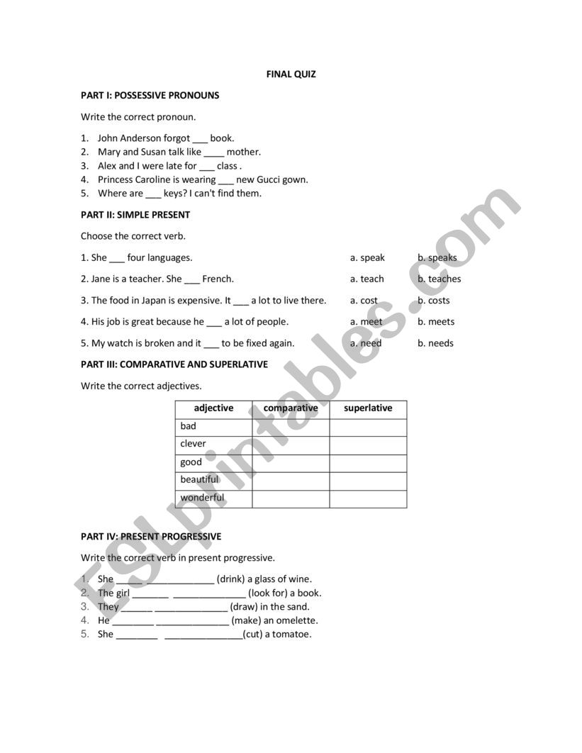 Grammar quiz worksheet