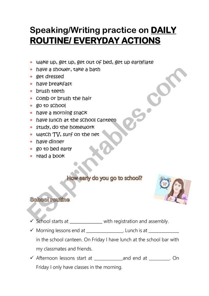 speaking/writing activity about a student routine 