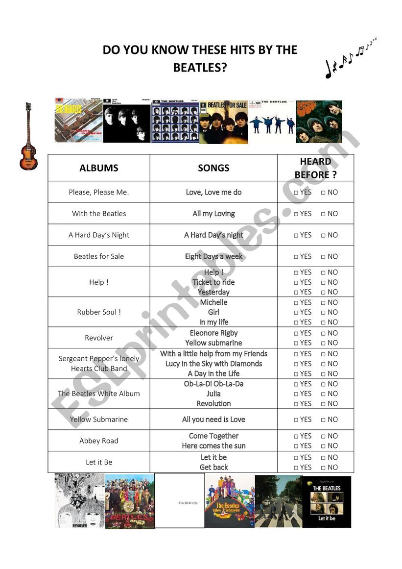 The Beatles: Albums and hits worksheet