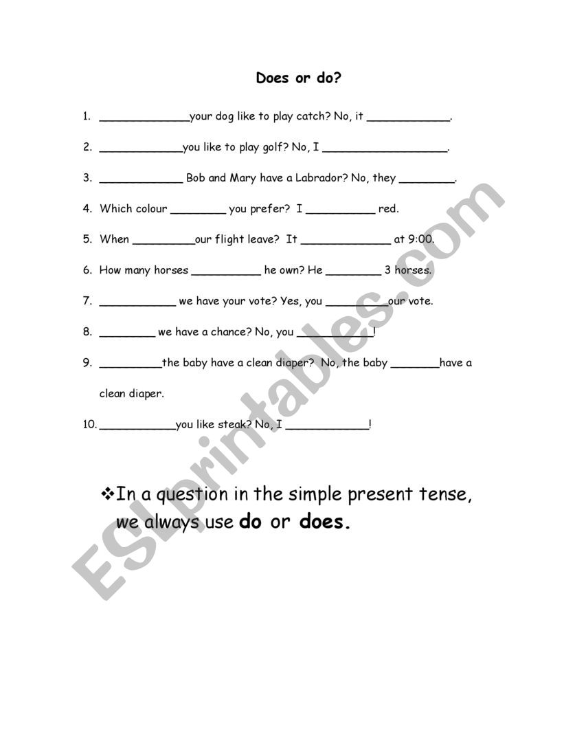 Do or Does exercise worksheet