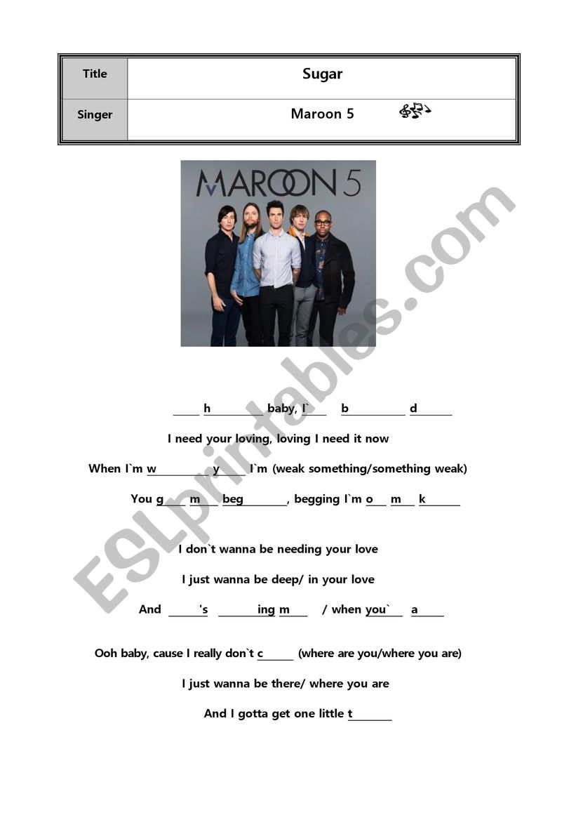 Popsong-Sugar (Maroon 5) worksheet