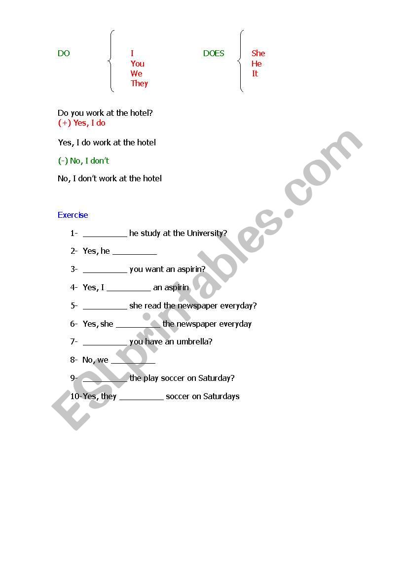 DO AND DOES worksheet