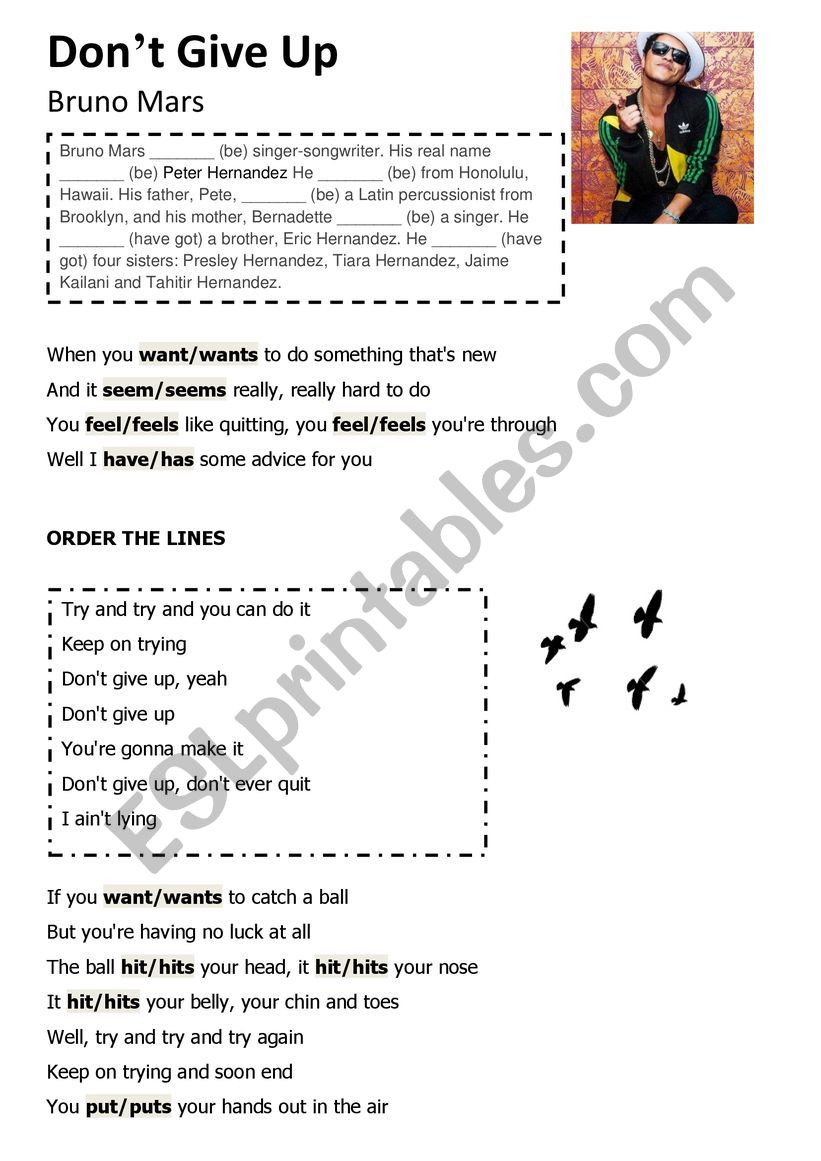 DONT GIVE UP. Bruno Mars worksheet