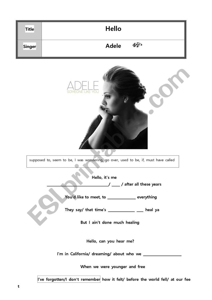 Popsong-Hello (Adele) worksheet