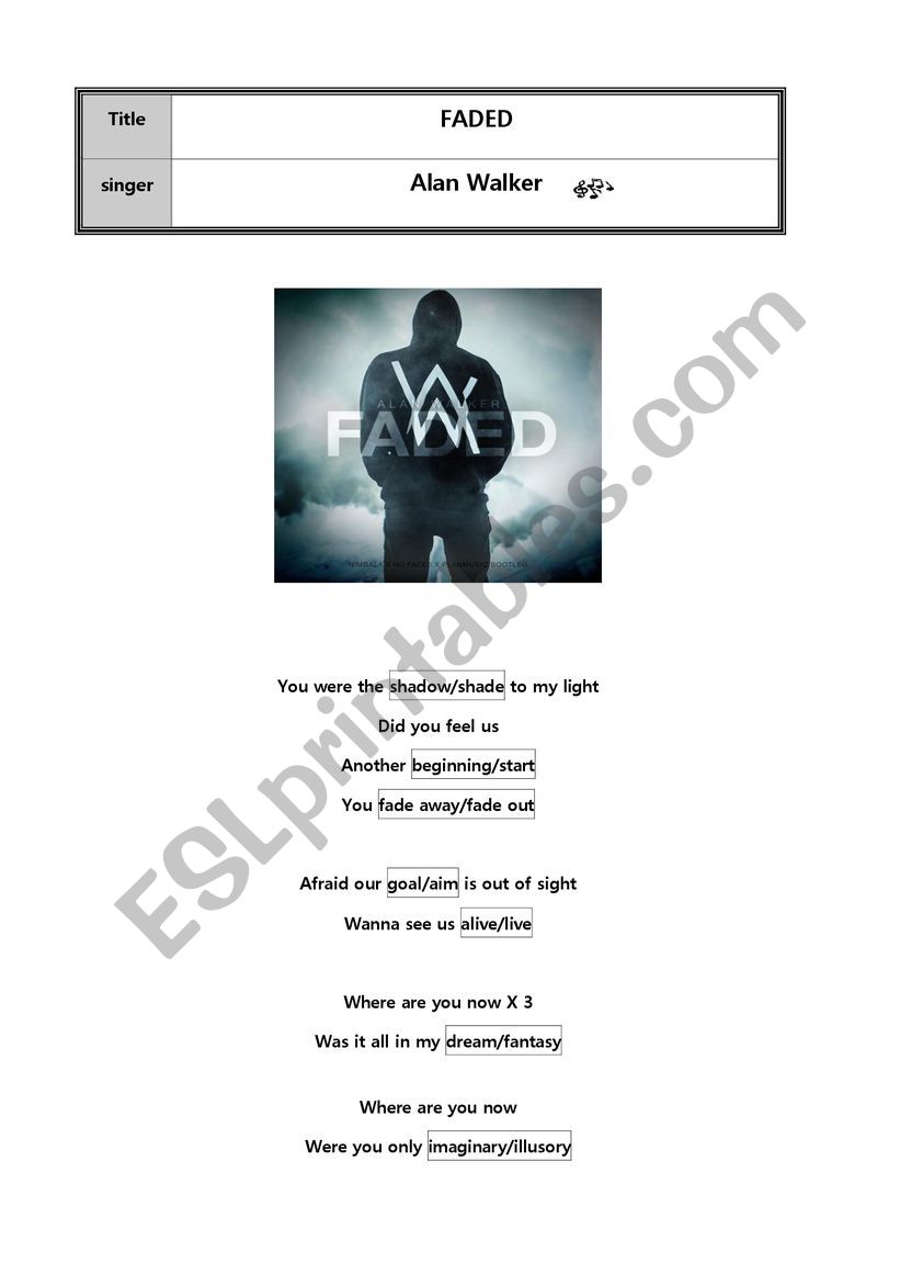 Popsong-Faded (Alan Walker) worksheet