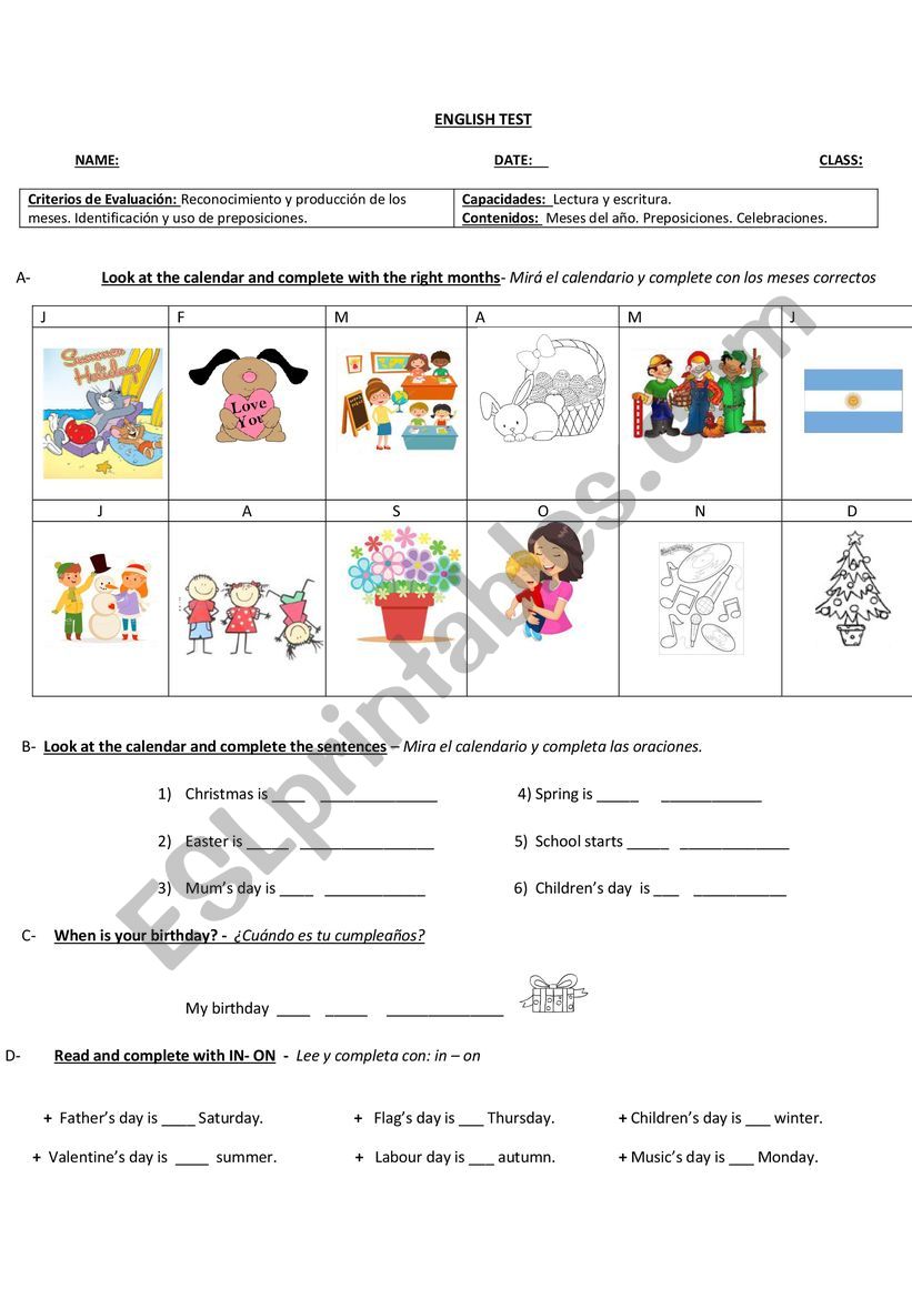 Months and celebrations worksheet