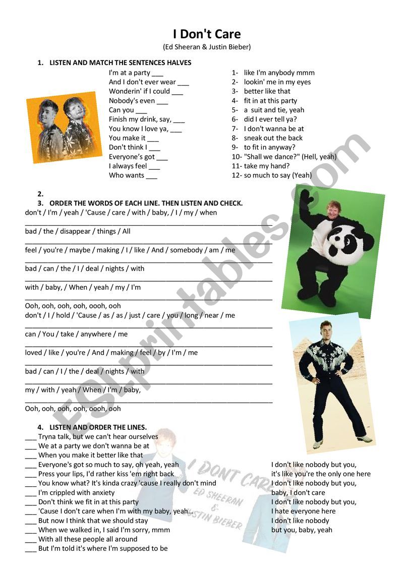 Song I Don T Care Ed Sheeran And Justin Bieber Esl Worksheet By Jesiwin