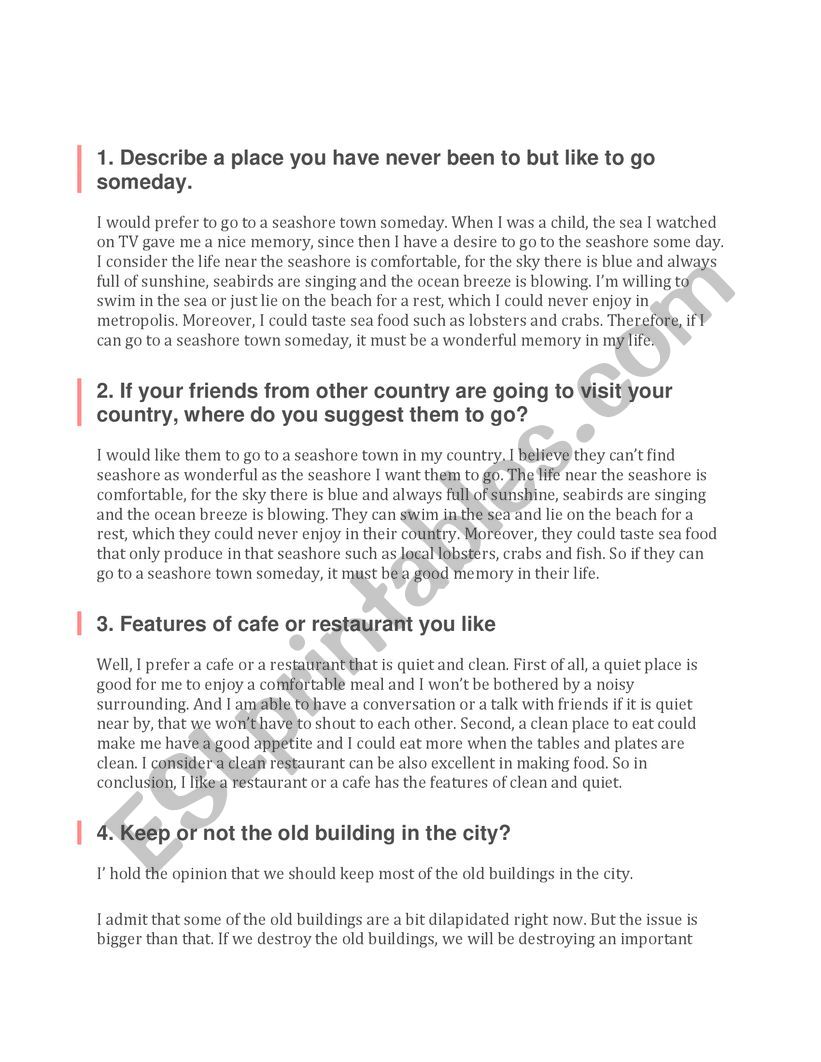 TOEFL Speaking Topics worksheet