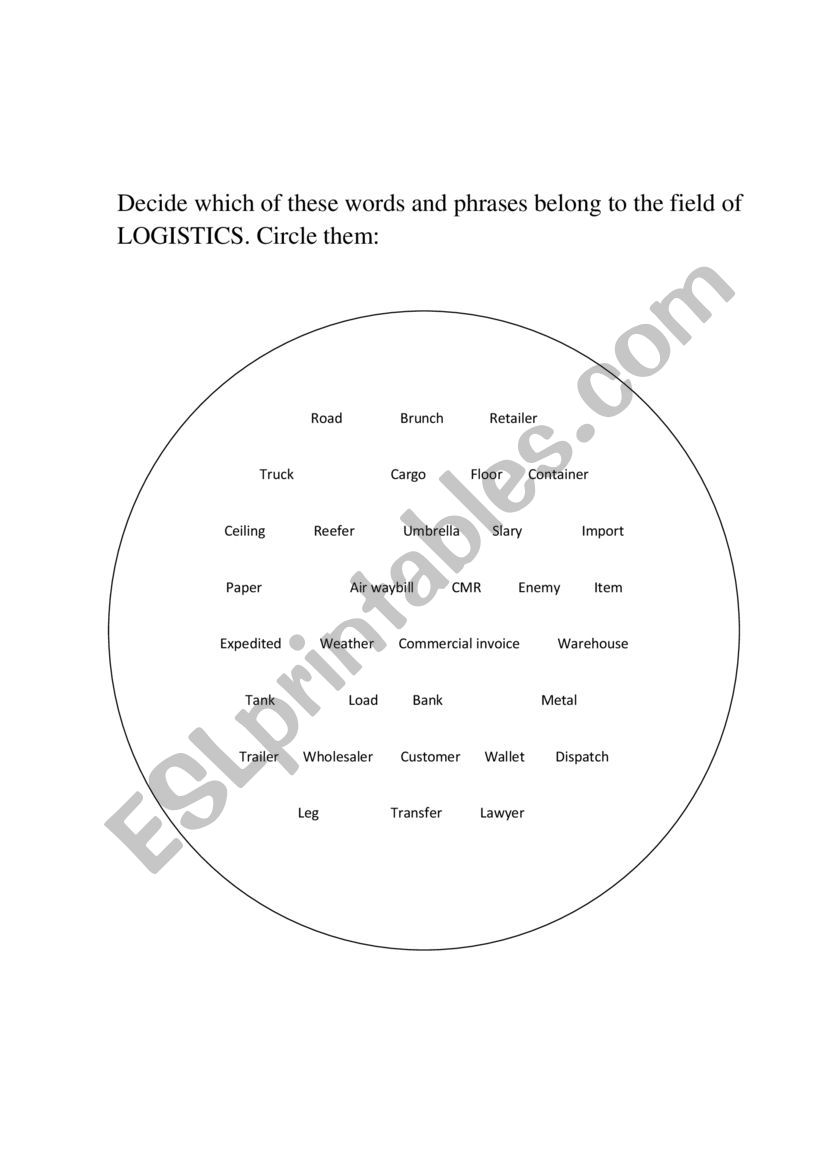 Logistics Terms worksheet