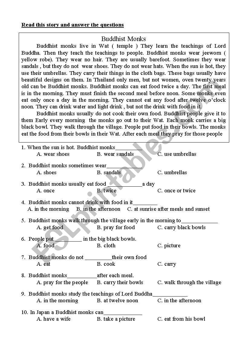 Reading ( Buddhist Monks ) worksheet