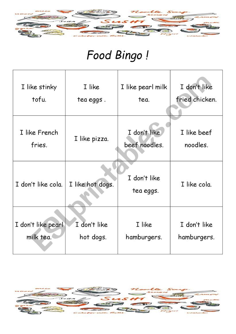 fast food bingo worksheet