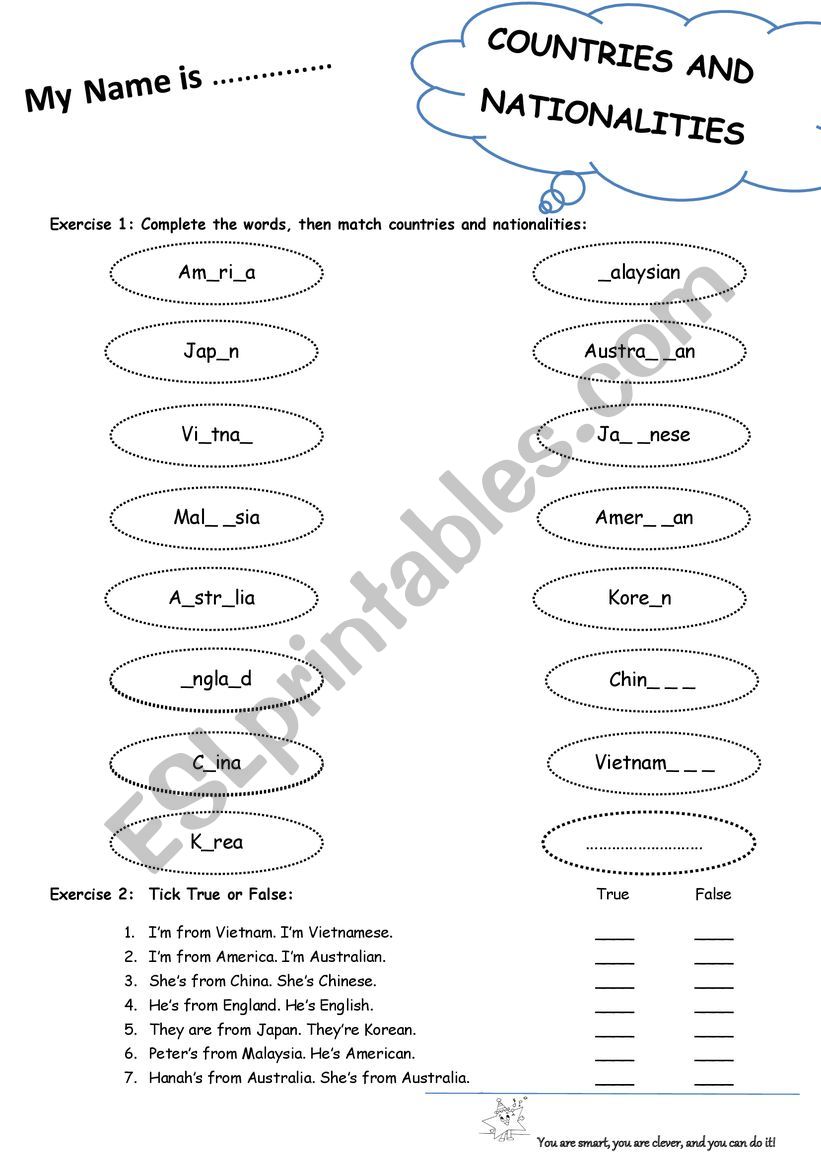 countries and nationalities worksheet