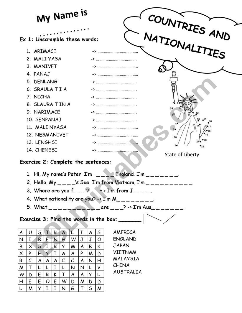 countries and nationalities worksheet