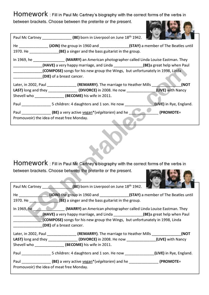 Paul Mc Cartneys biography worksheet