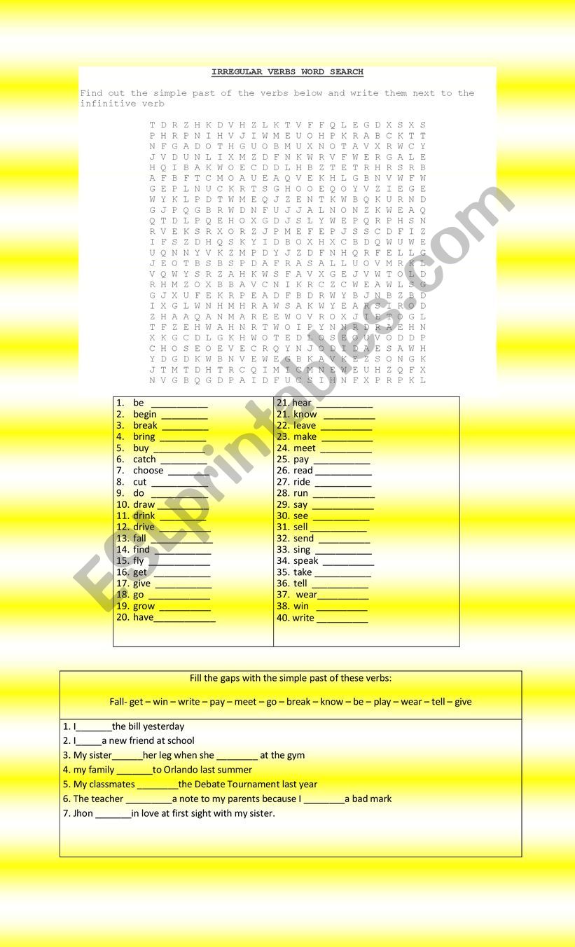 Irregular verbs word search worksheet