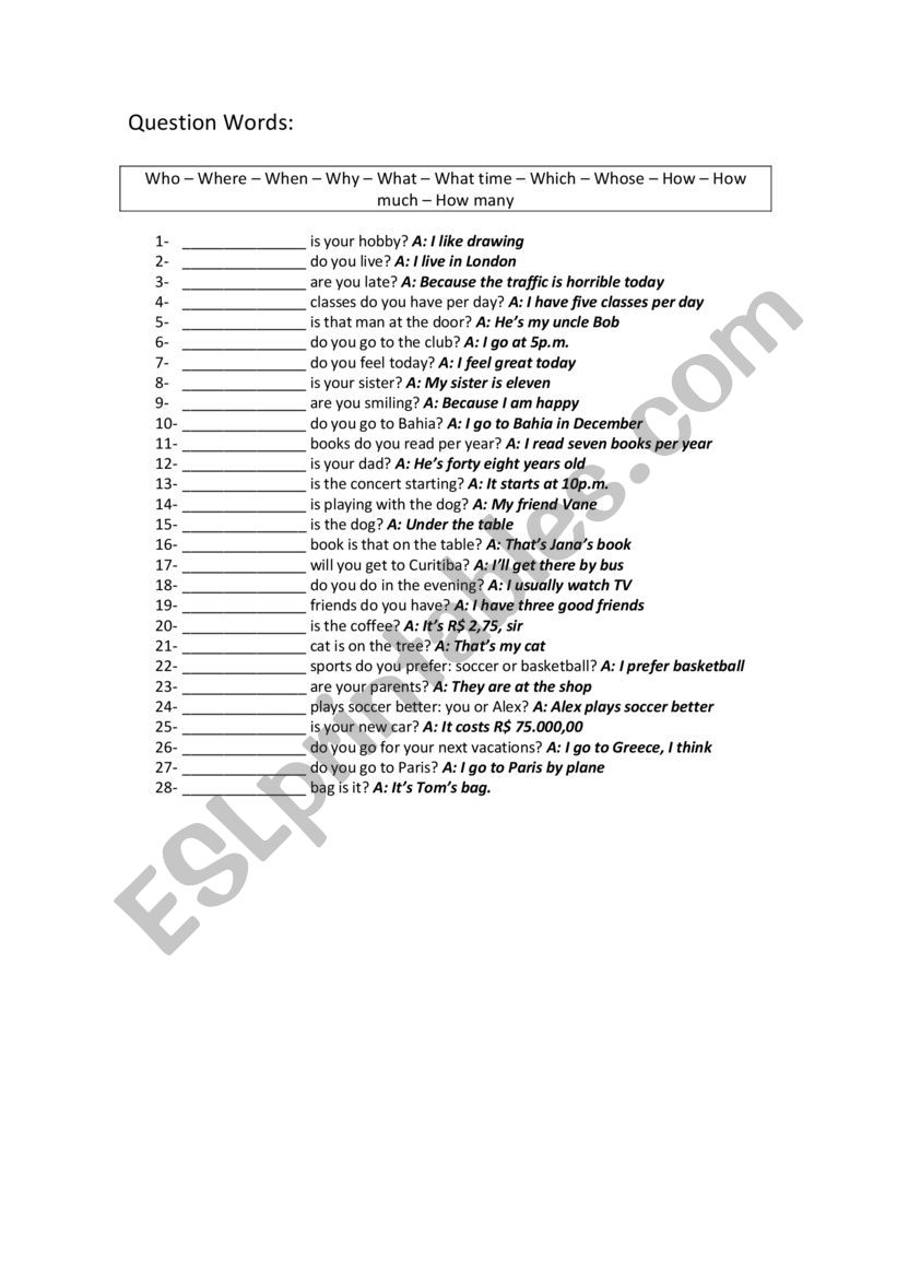 question words worksheet