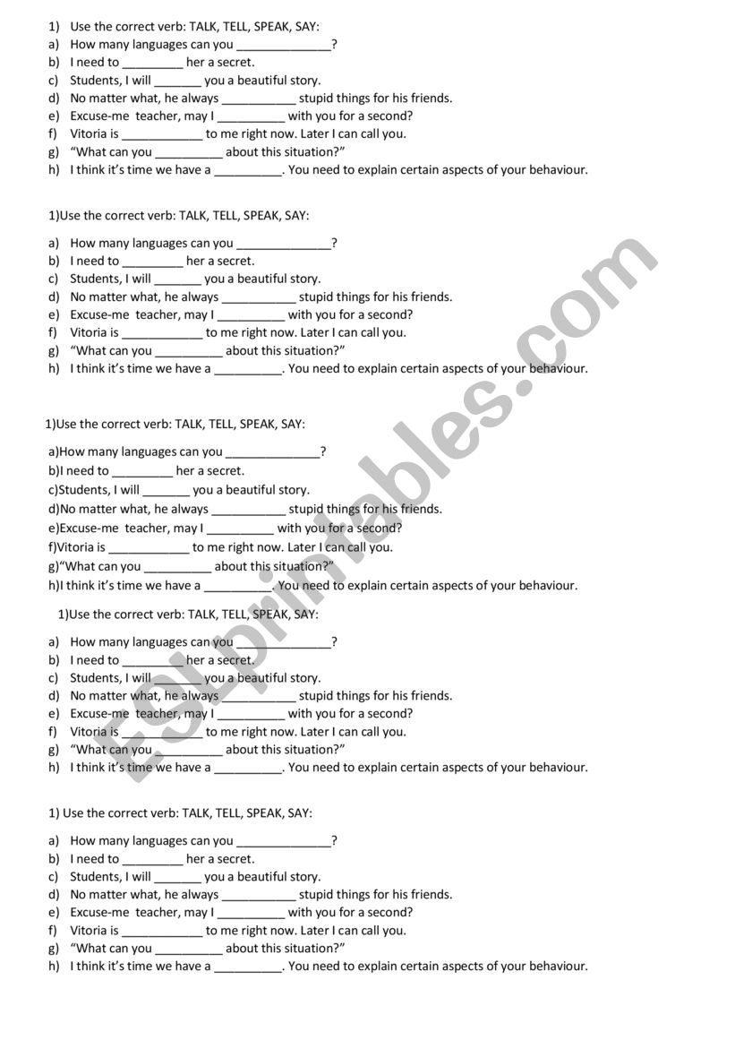 Verbs say tell speak talk worksheet